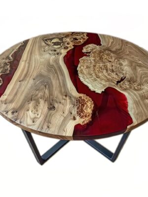 Designer Circular Coffee Table - Epoxy Resin & Wood (Red)