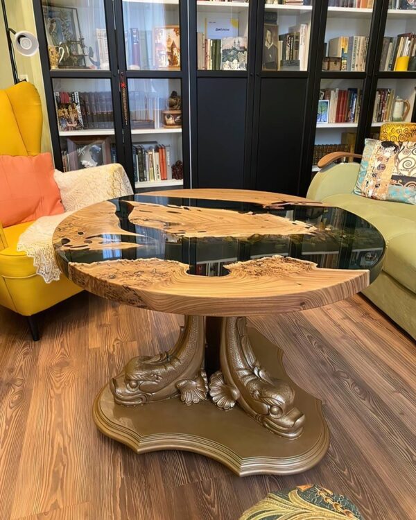 Antique Circular Coffee Table - Epoxy Resin & Wood