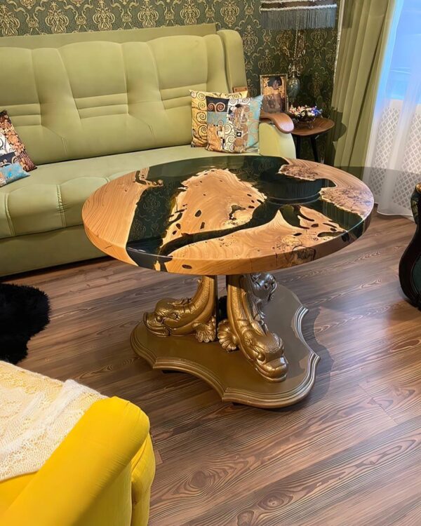 Antique Circular Coffee Table - Epoxy Resin & Wood